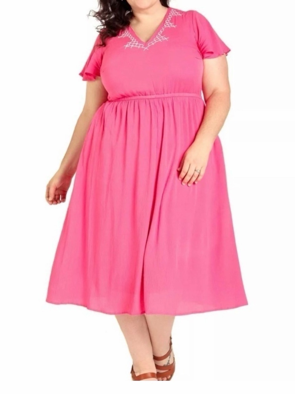 Lane Bryant Pink Midi Pink Flutter Sleeve Cottage Garden Gauze Dress SZ 20